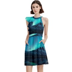 Aurora Borealis Mountain Reflection Cocktail Party Halter Sleeveless Dress With Pockets by Grandong