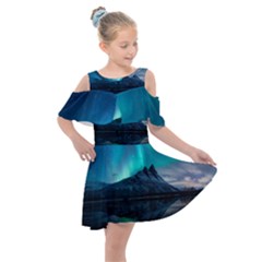 Aurora Borealis Mountain Reflection Kids  Shoulder Cutout Chiffon Dress by Grandong