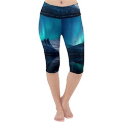 Aurora Borealis Mountain Reflection Lightweight Velour Cropped Yoga Leggings by Grandong