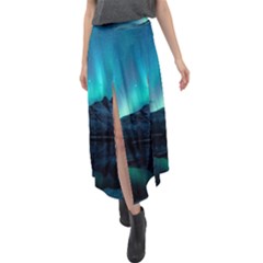 Aurora Borealis Mountain Reflection Velour Split Maxi Skirt by Grandong