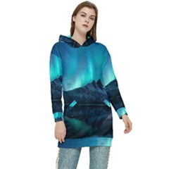 Aurora Borealis Mountain Reflection Women s Long Oversized Pullover Hoodie