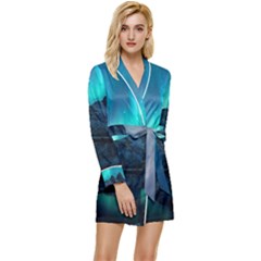 Aurora Borealis Mountain Reflection Long Sleeve Satin Robe by Grandong