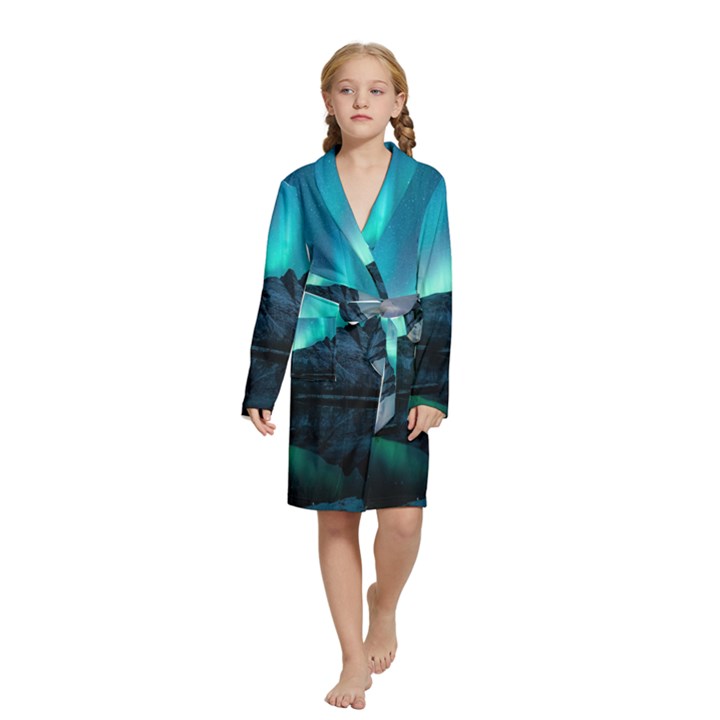 Aurora Borealis Mountain Reflection Kids  Long Sleeve Velvet Lounge Robe