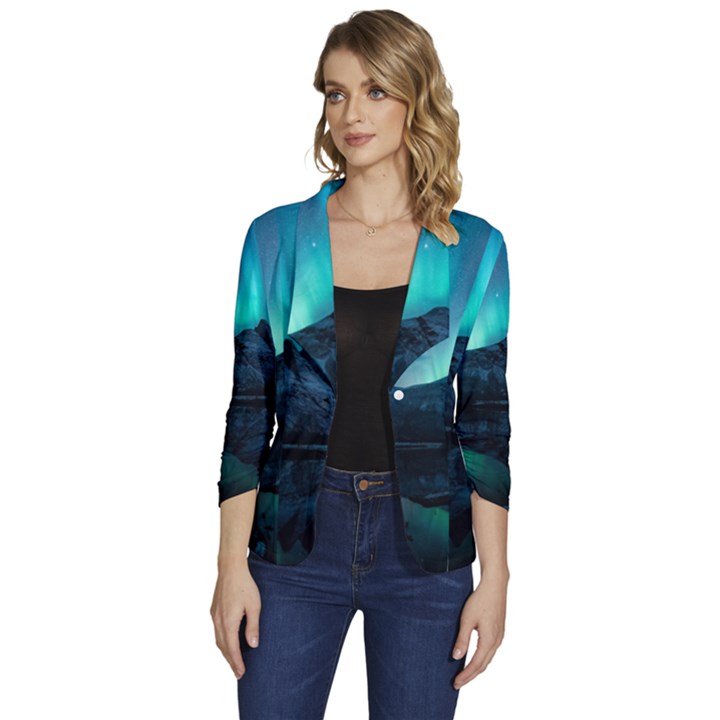 Aurora Borealis Mountain Reflection Women s One-Button 3/4 Sleeve Short Jacket