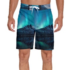 Aurora Borealis Mountain Reflection Men s Beach Shorts by Grandong