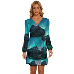 Aurora Borealis Mountain Reflection Long Sleeve Waist Tie Ruffle Velvet Dress by Grandong