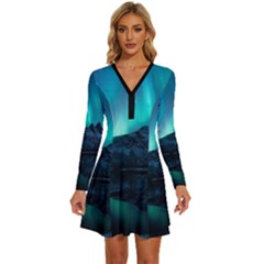 Aurora Borealis Mountain Reflection Long Sleeve Deep V Mini Dress  by Grandong