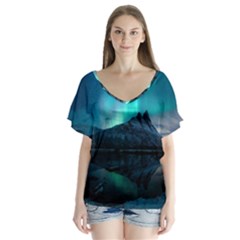 Aurora Borealis Mountain Reflection V-neck Flutter Sleeve Top