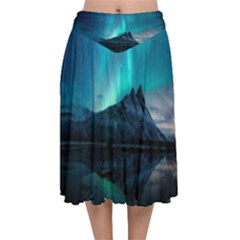 Aurora Borealis Mountain Reflection Velvet Flared Midi Skirt