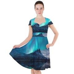 Aurora Borealis Mountain Reflection Cap Sleeve Midi Dress With Pockets by Grandong