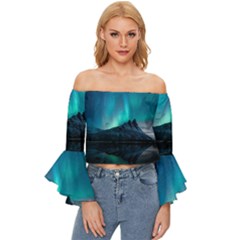 Aurora Borealis Mountain Reflection Off Shoulder Flutter Bell Sleeve Top by Grandong