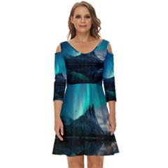 Aurora Borealis Mountain Reflection Shoulder Cut Out Zip Up Dress by Grandong