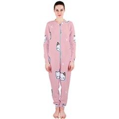 Cute Cat Cartoon Doodle Seamless Pink Pattern Onepiece Jumpsuit (ladies)