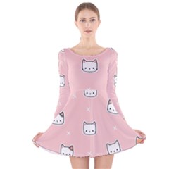 Cute Cat Cartoon Doodle Seamless Pink Pattern Long Sleeve Velvet Skater Dress