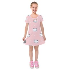 Cute Cat Cartoon Doodle Seamless Pink Pattern Kids  Short Sleeve Velvet Dress