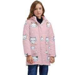 Cute Cat Cartoon Doodle Seamless Pink Pattern Kids  Hooded Longline Puffer Jacket by Grandong