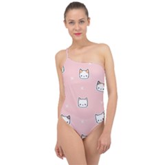 Cute Cat Cartoon Doodle Seamless Pink Pattern Classic One Shoulder Swimsuit by Grandong