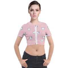 Cute Cat Cartoon Doodle Seamless Pink Pattern Short Sleeve Cropped Jacket by Grandong