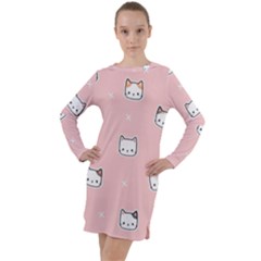 Cute Cat Cartoon Doodle Seamless Pink Pattern Long Sleeve Hoodie Dress