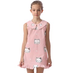 Cute Cat Cartoon Doodle Seamless Pink Pattern Kids  Pilgrim Collar Ruffle Hem Dress by Grandong