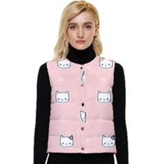 Cute Cat Cartoon Doodle Seamless Pink Pattern Women s Button Up Puffer Vest