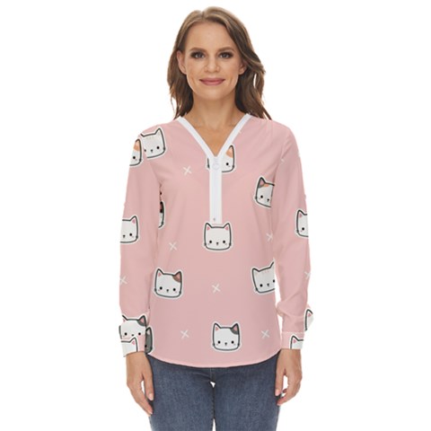 Cute Cat Cartoon Doodle Seamless Pink Pattern Zip Up Long Sleeve Blouse by Grandong