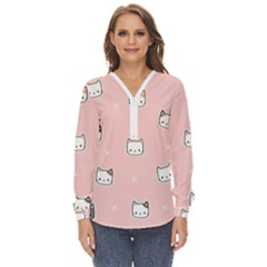 Cute Cat Cartoon Doodle Seamless Pink Pattern Zip Up Long Sleeve Blouse