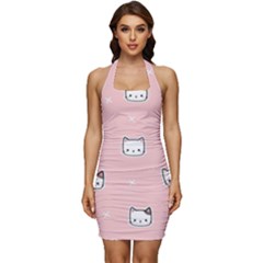 Cute Cat Cartoon Doodle Seamless Pink Pattern Sleeveless Wide Square Neckline Ruched Bodycon Dress by Grandong