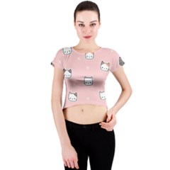 Cute Cat Cartoon Doodle Seamless Pink Pattern Crew Neck Crop Top by Grandong