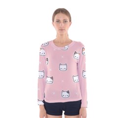 Cute Cat Cartoon Doodle Seamless Pink Pattern Women s Long Sleeve T-shirt