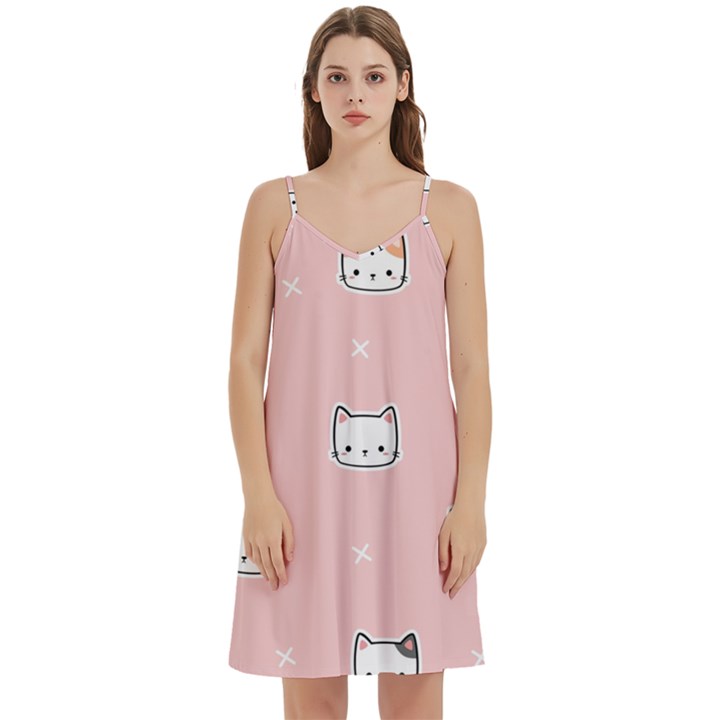 Cute Cat Cartoon Doodle Seamless Pink Pattern Mini Camis Dress With Pockets