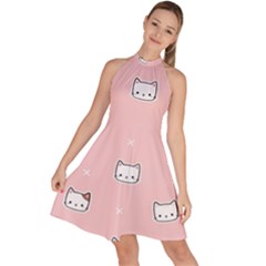 Cute Cat Cartoon Doodle Seamless Pink Pattern Sleeveless Halter Neck A-line Dress by Grandong