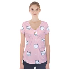 Cute Cat Cartoon Doodle Seamless Pink Pattern Short Sleeve Front Detail Top by Grandong