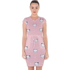 Cute Cat Cartoon Doodle Seamless Pink Pattern Capsleeve Drawstring Dress  by Grandong