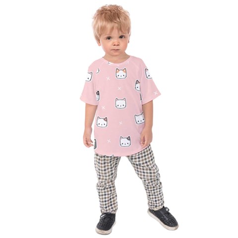 Cute Cat Cartoon Doodle Seamless Pink Pattern Kids  Raglan T-shirt by Grandong