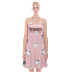 Cute Cat Cartoon Doodle Seamless Pink Pattern Spaghetti Strap Velvet Dress