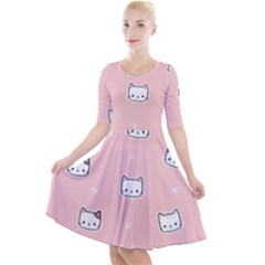 Cute Cat Cartoon Doodle Seamless Pink Pattern Quarter Sleeve A-line Dress With Pockets by Grandong