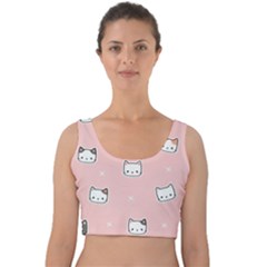 Cute Cat Cartoon Doodle Seamless Pink Pattern Velvet Crop Top by Grandong