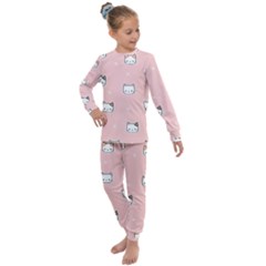 Cute Cat Cartoon Doodle Seamless Pink Pattern Kids  Long Sleeve Set 