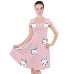 Cute Cat Cartoon Doodle Seamless Pink Pattern Cap Sleeve Midi Dress With Pockets by Grandong