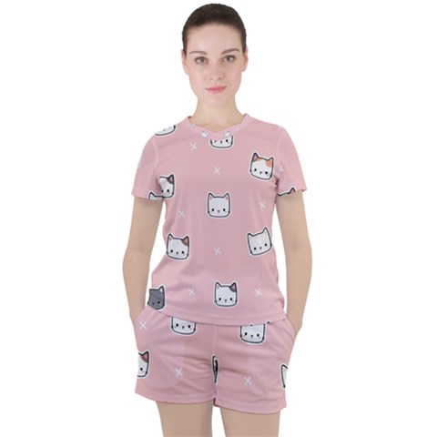 Cute Cat Cartoon Doodle Seamless Pink Pattern Women s T-shirt And Shorts Set by Grandong