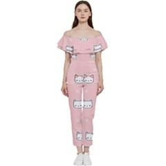 Cute Cat Cartoon Doodle Seamless Pink Pattern Bardot Ruffle Jumpsuit by Grandong