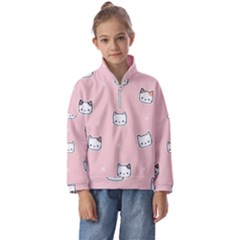 Cute Cat Cartoon Doodle Seamless Pink Pattern Kids  Half Zip Hoodie