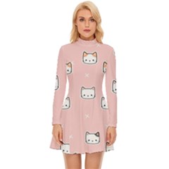 Cute Cat Cartoon Doodle Seamless Pink Pattern Long Sleeve Velour Longline Dress by Grandong