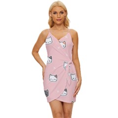 Cute Cat Cartoon Doodle Seamless Pink Pattern Wrap Tie Front Dress by Grandong