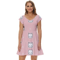 Cute Cat Cartoon Doodle Seamless Pink Pattern Short Sleeve Tiered Mini Dress by Grandong