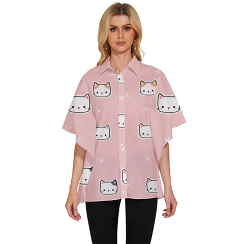 Cute Cat Cartoon Doodle Seamless Pink Pattern Women s Batwing Button Up Shirt by Grandong