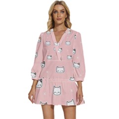 Cute Cat Cartoon Doodle Seamless Pink Pattern V-neck Placket Mini Dress by Grandong