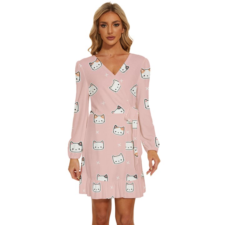 Cute Cat Cartoon Doodle Seamless Pink Pattern Long Sleeve Waist Tie Ruffle Velvet Dress