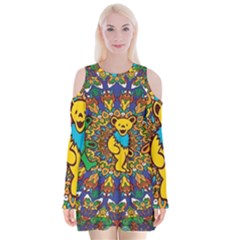 Dead Dancing Bears Grateful Dead Pattern Velvet Long Sleeve Shoulder Cutout Dress